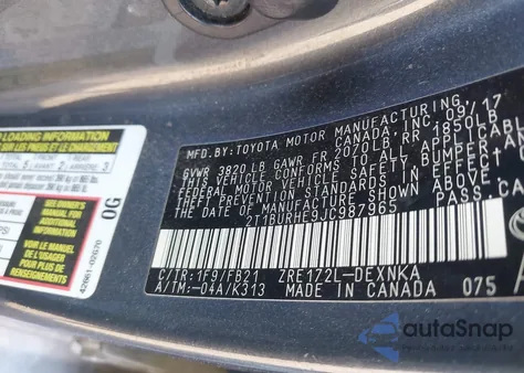 2018 Toyota Corolla Le из США, поврежденный, VIN 2T1BURHE9JC987965